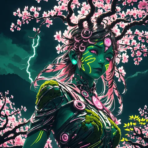 Plant Maiden，metal foil，Wired branch，glowing light eyes，mechanical shell，moss-covered bark，tribal clothing，majestic figure，(ancient tribal marks)，Control the tendrils that extend from the arms，Neon lights dance on the body，(Lightning around branches and le...