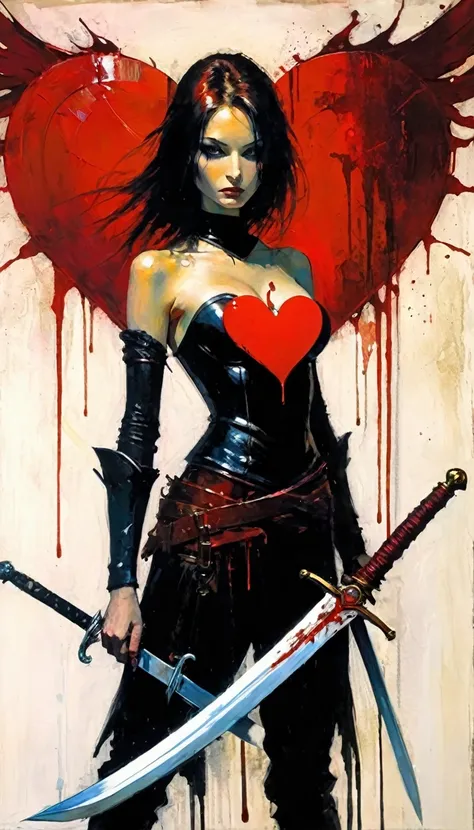 icon with a heart, a sword and blood (art inspired by Bill Sienkiewicz). oil painting)
