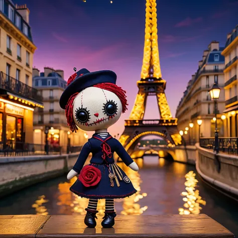 (knitted toy voodoo doll:1.7), (Voodoo Doll:1.3), (Clothing: chic Parisian outfit with striped patterns:1.0), (Accessories: enchanted beret emitting soft golden light, levitating miniature Eiffel Tower:1.1), (background: iconic Eiffel Tower with floating l...