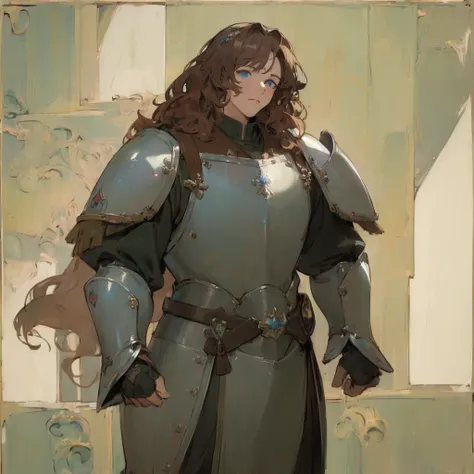 (solo), (masterpiece:2), (high quality), (high detail), (natural light), (anime:1.5), (guy, male), cute, fantasy, medieval, (brown hair, wavy, thick ), (blue eyes), (wearing semi-steel armor), (full height, standing)