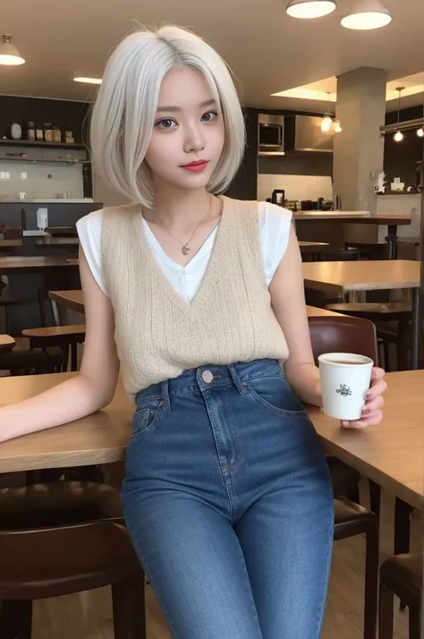 （Realistically， high resolution：1.3）， 1 girl with a perfect figure， The face shape and eyes are super beautiful，White hair， Random color vest：1.2， Short jeans pants， In the cafe， Coffee on the table， Huge ，