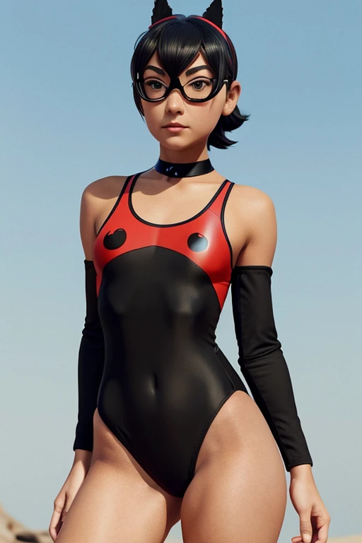 araffe in a black bodysuit with a red collar, a character portrait inspired by Goro Fujita, trending on polycount, digital art, cute girl wearing tank suit, is wearing a swimsuit, photorealistic perfect body, bodysuit, miraculous, miraculous ladybug, in re...