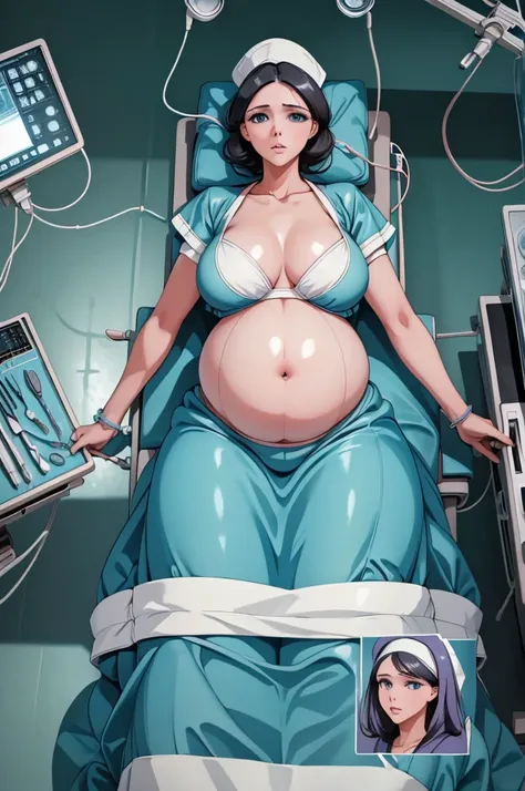 (give a score of 9_give a score of 8_give a score of 7)
Masterpiece, highest quality, best quality, view from top down, 
in one hospital, 1 pregnant woman,approximately 38 years old, 9 months pregnant, surgical cap, the face looked pained, frown, close you...