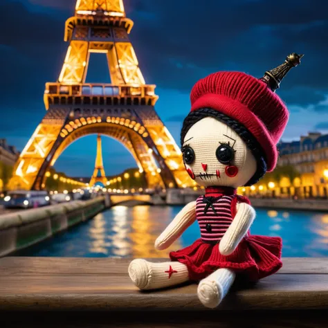 (knitted toy voodoo doll:1.7), (Voodoo Doll:1.3), (Clothing: chic Parisian outfit with striped patterns:1.0), (Accessories: enchanted beret emitting soft golden light, levitating miniature Eiffel Tower:1.1), (background: iconic Eiffel Tower with floating l...