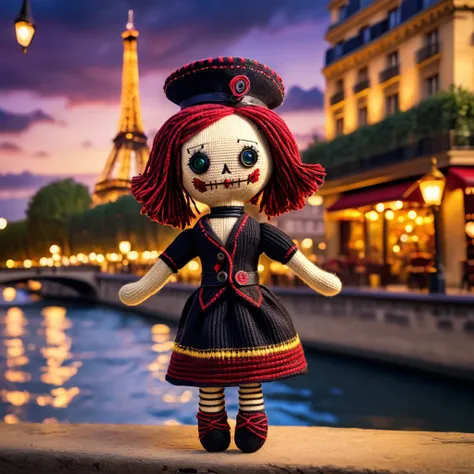 (knitted toy voodoo doll:1.7), (Voodoo Doll:1.3), (Clothing: chic Parisian outfit with striped patterns:1.0), (Accessories: enchanted beret emitting soft golden light, levitating miniature Eiffel Tower:1.1), (background: iconic Eiffel Tower with floating l...