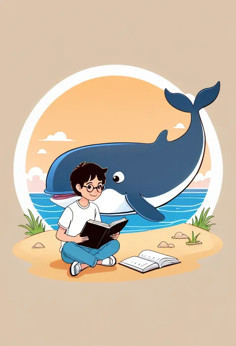 A boy sitting on the beach，Holding a notebook in hand，A cartoon of a whale next to it, 2d illustration, 2d illustration, detailed 2d illustration, Clean and concise illustrations, Website Avatar, simple cartoon style, digital 2d illustration, 2D mask illus...