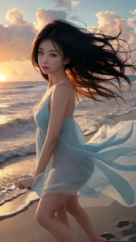 Full Body Shot、Tropical sandy beach、(masterpiece、8K、RAW Photos、wonderful、最high quality、Very detailedな CG 統合 8K 壁紙、high quality、Very detailed、narrative poem、Depth of written boundary、Cinematic Light、Lens flare)、Black-haired、Beautiful Face、True Face、Beautifu...