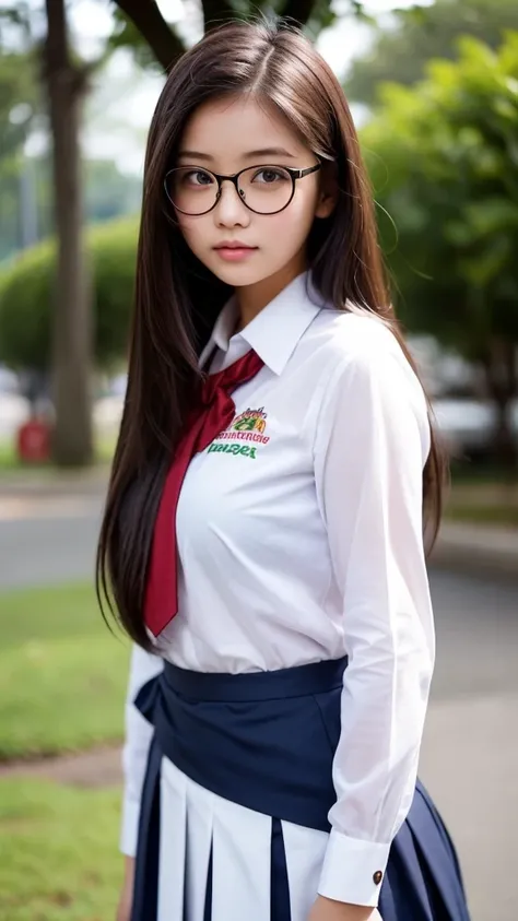  girl 18-year-old Hairstyle Casual, with glasses wearing Indonesian uniform school in school