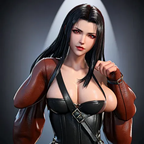 Make a hot female barbarian character, with attractive and discreet leather clothing,  make her with sexy breasts a smooth skin, red eyes and beautiful black hair, make her with a leather shirt and leather pants