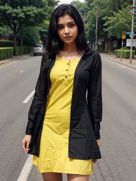 A indian gril black hair   drees yellow  kurta   att siting  road