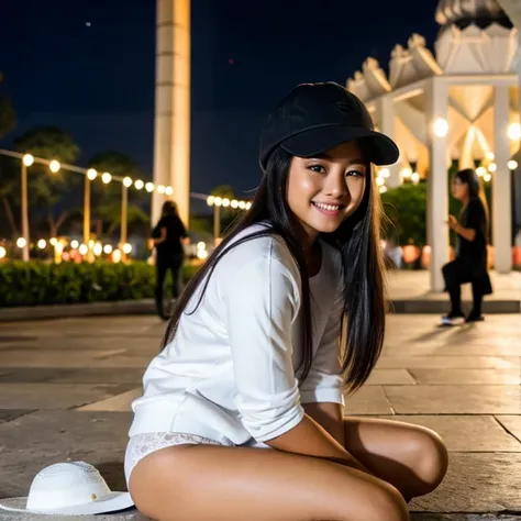  pretty girl, smile, White teeth, Long hair, Indonesian ethnicity, Jakarta, medium build, sweater, white t-shirt, mini year, white panties, hat, Sit down, Park, the night, gripping, 