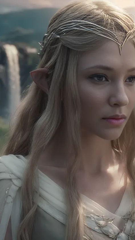 galadriel elf, blonde wavy very long hair, cinematic, with rivendale in the background