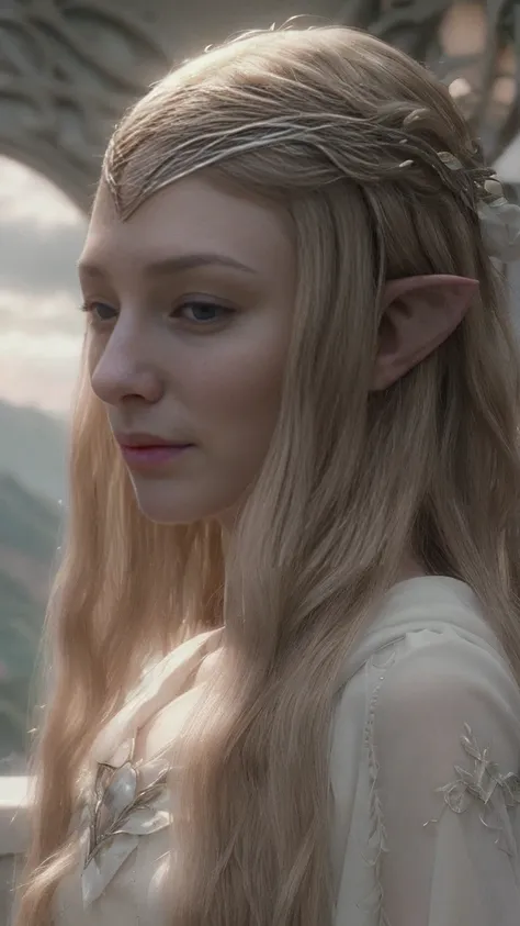 galadriel elf, blonde wavy very long hair, cinematic, with rivendale in the background