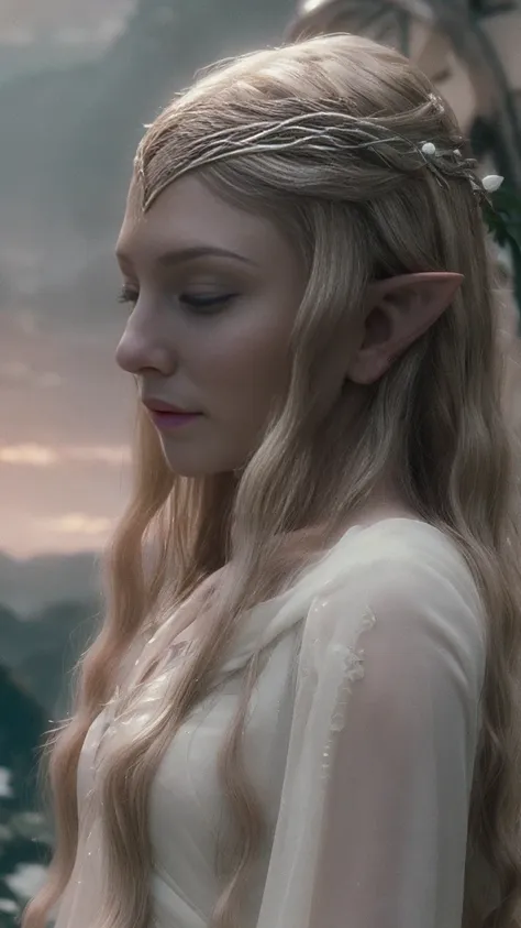 galadriel elf, blonde wavy very long hair, cinematic, with rivendale in the background