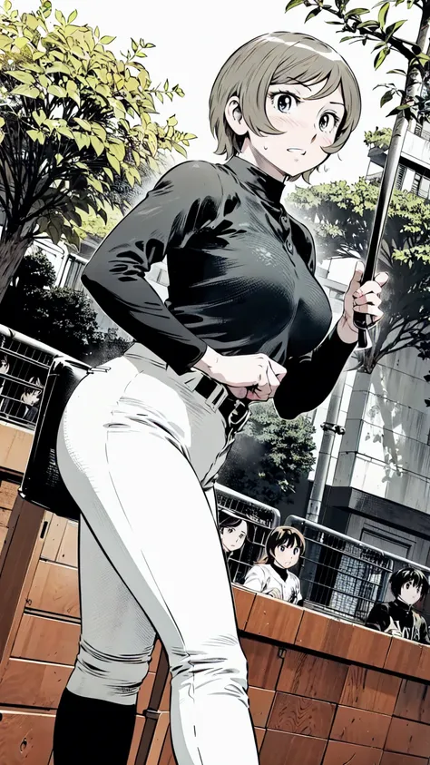 (野球uniform:1.2),
Blonde Hair, (short hair:1.2),Long sleeve, Black Shirt, turtleneck,White trousers、uniform、Black belt、((Illustration of people))、Big Boobs、
View Audience,, (Highest quality:1.3),One Girl, White pants、uniform、Outdoor、baseball ground、ground、s...