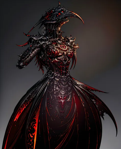 detailed intricate ornate iron raven, dark gothic metal bird, dramatic sharp wings, glowing red eyes, mechanical gears and cogs,...