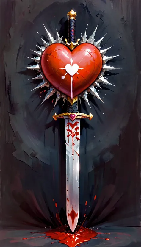 icon with a heart, a sword and blood (art inspired by Bill Sienkiewicz). oil painting)
