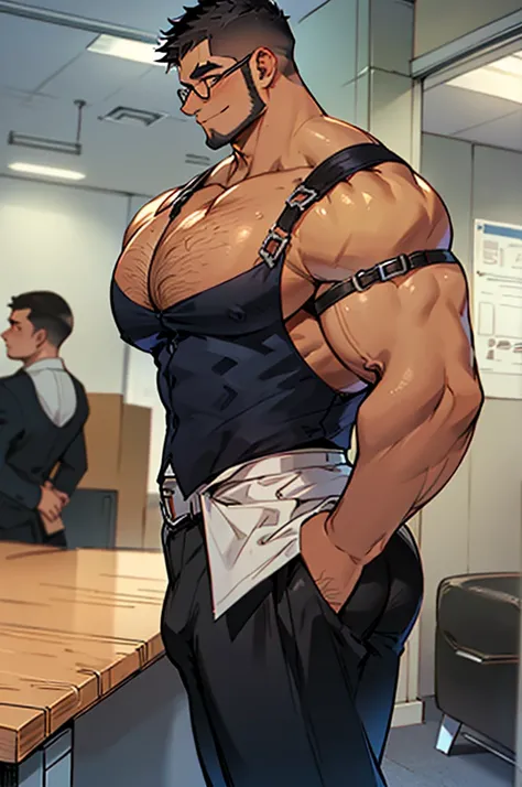 4k, masterpiece, high resolution:1.2, 1 man, solo, bara, muscular, big physique,bad boy milk, crew cut hair, facial hair, chest, wide shoulder, biceps, thighs, triceps, butt, black hair, cute smile, friendly, standing in an office, wearing formal trousers,...