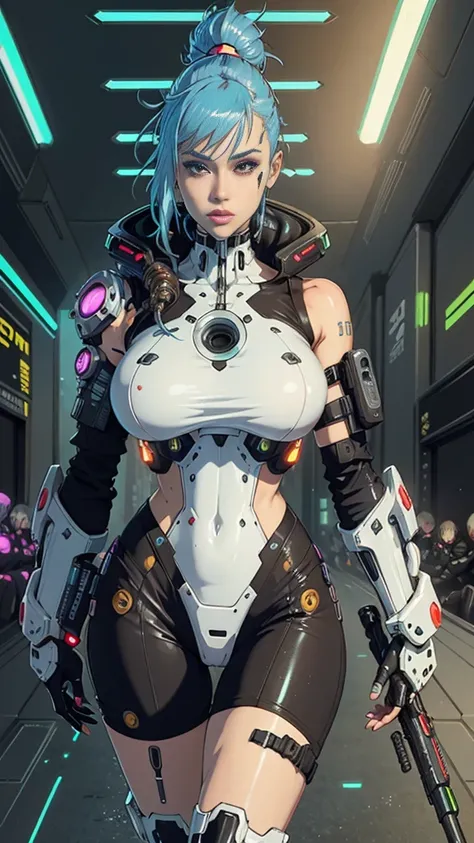 Woman with big wet marked breasts in a futuristic outfit posing for a photo, Cyborg girl, Cute Cyborg Girl, Female cyberpunk anime girl, Cyberpunk anime mech girl, Cyberpunk girl, sci-fi female,  WLOP. Scifi,  seductive cyberpunk dark fantasy, cyberpun ani...