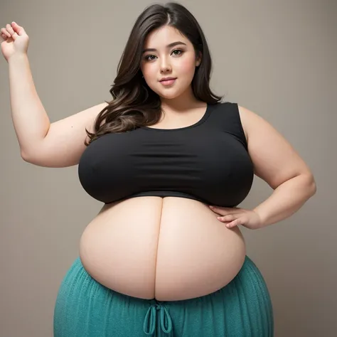 pregnant woman in top and pants reaching out, large round belly, thick and round belly, chubby woman, chubby belly, big belly, folds of abdominal flap, chubby, large belly, curvy woman, pregnant belly, portrait of a chubby woman, a chubby