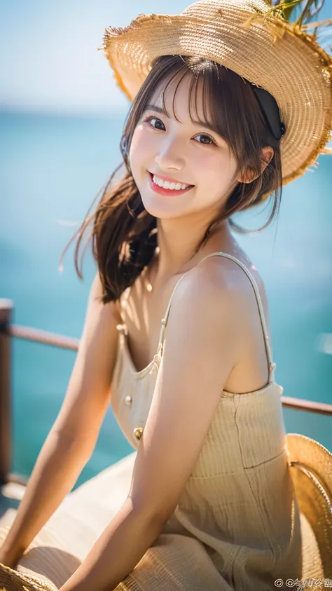 best quality ,masterpiece,ultra high res, very beautiful, kawaii, (photo realistic:1.4), 1girl, Japanese, brown hair, Cinematic, 35mm lens, f/ 1. 8, accent lighting, 8k, sundress, straw hat, Beach Resort, smile, from below, clear sky