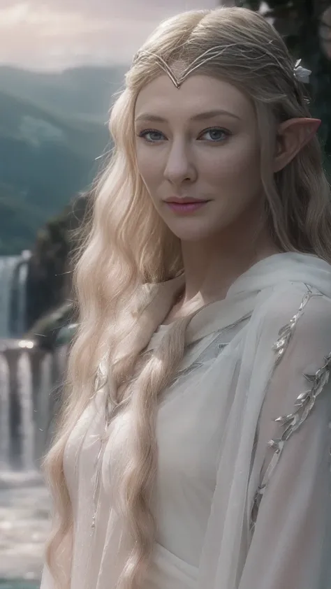 galadriel elf, white wavy very long hair, cinematic, with rivendale in the background