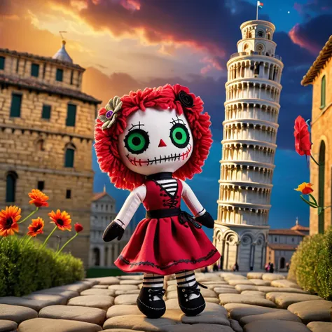 (knitted toy voodoo doll:1.7), (Voodoo Doll:1.3), (Clothing: casual Italian attire with leaning tower patterns:1.0), (Accessories: enchanted camera emitting warm light, levitating guidebooks:1.1), (background: leaning Tower of Pisa with floating flowers, g...