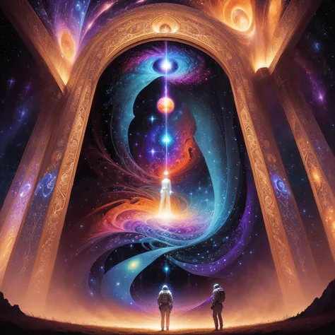 a man standing on a path in a field, astronaut, cosmic, deep mathematical formula heaven, science fiction art, in the starry realm, fantasy art style, fantasy art, by Johfra Bosschart, psychedelic artwork, inspired by Johfra Bosschart, ascending universe, ...