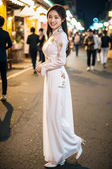 (a beautiful young lady, age 18, Vietnamese traditional dress Ao Dai, walking in Hanoi night market, friendly expression, dimpled smile, cute snaggle-tooth,  beautiful detailed face, beautiful detailed eyes, ample round bosom, photorealistic, hyper-realism...