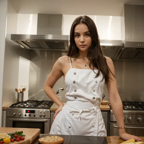 1girl in, 30 years old, Square face, Long hair, Looking at viewer, jewelry, Realistic, Sexy, chef outfit, kitchen background, free pose