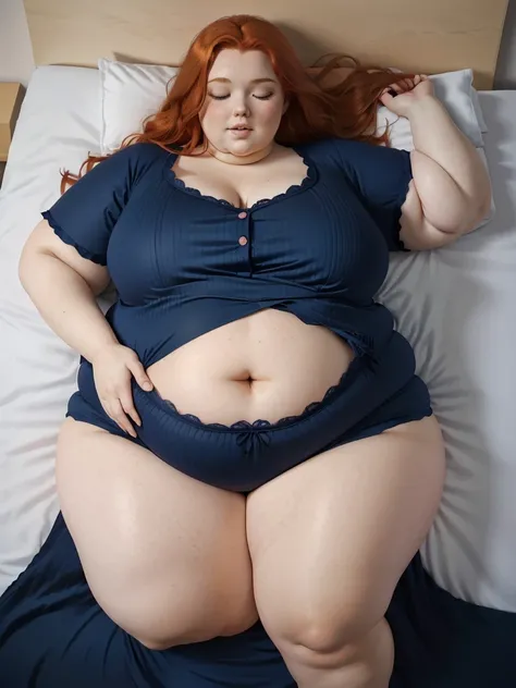 A sleeping photo of a young beautiful redhead bbw with long wavy ginger hair soft fat belly, wide fat obese hips, thick fat legs and fat arms, cute pretty face, small breasts, blue eyes, freckles, in a dark blue pijama dress laying and sleeping in a comfor...