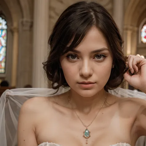 1girl in, 30 years old, Square face, Long hair, Looking at viewer, jewelry, Reality, Sexy, bridal page, church background, free pose