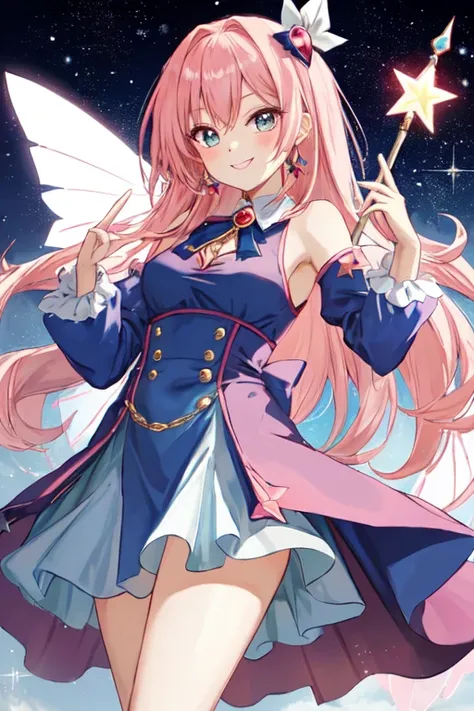 "A Trickstar character from Yu-Gi-Oh!, standing confidently with a playful and mischievous expression. She has long, flowing hair that transitions from a bright, vibrant pink at the roots to a deep crimson at the tips. Her eyes are large and expressive, wi...