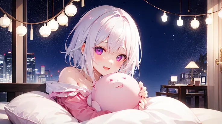 White Hair、Pink Eyes、Short Hair、laughing、Only one girl、alone、Cute、Face is close、laughing、Night、Lying in bed