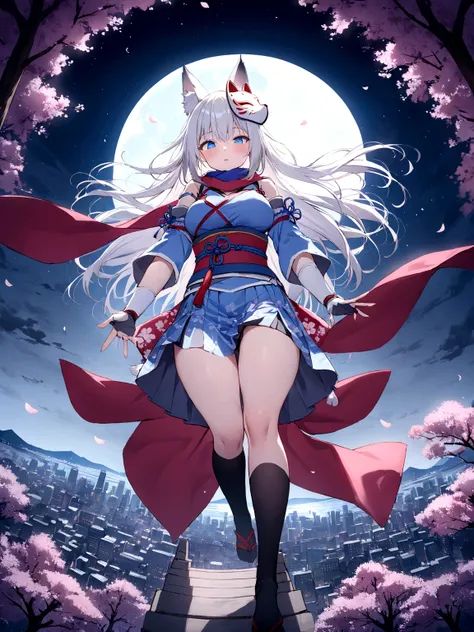 On top of the castle、Looking down from the castle tower、White Gauntlet、insert、Asahi、A magnificent view of the city from the treetops、(masterpiece, best quality:1.2), 1girl, 独奏,Wolf girl, fox mask, ninja, girl, long white hair, odd eyes, blue kimono, ninja ...