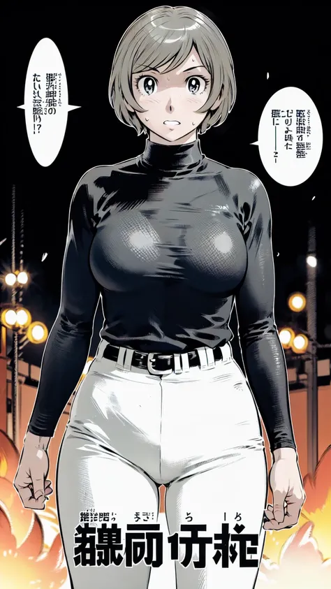 (野球uniform:1.2),
Blonde Hair, (short hair:1.2),Long sleeve, Black Shirt, turtleneck,White trousers、uniform、Black belt、((Illustration of people))、Big Boobs、
View Audience,, (Highest quality:1.3),One Girl, White pants、uniform、Outdoor、baseball ground、ground、s...