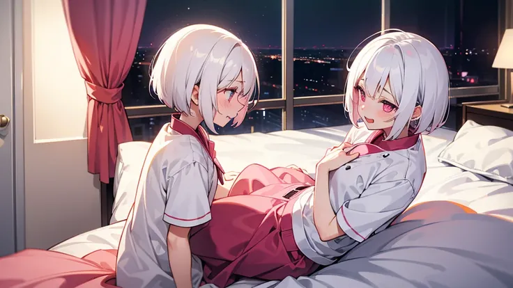 White Hair Girl、Pink Eyes、Short Hair、Only one girl、Night、In the bedroom、Blushing、laughing、Excited、Just One、Sitting on the bed