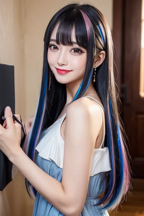 (((A real beauty))), RAW Photos, Black Hair、folder、Round eyes、False eyelashes、Straight Hair, correct、Pink lipstick、Striped Hair、Brown Hair、Blue Hair、(Dark blue hair)、(Gradient Hair)、Asymmetrical Hair、Hair behind the ear、Crossed bangs、Long Hair、(お尻までLong Ha...