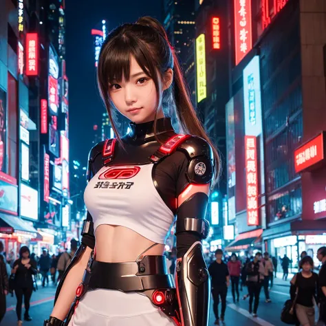 “A detailed illustration of Honami, a female cyborg ninja girl, standing in the midst of a bustling city crowd. She has brown straight hair with bangs and is wearing a white short-sleeved t-shirt with the word ‘サイボーグ’ written in black on the chest. Her ent...