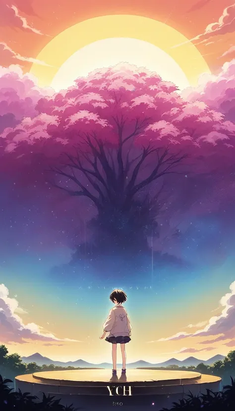 a close up of a person standing on a hill with a city in the background, anime movie background, beautiful anime scene, amazing wallpaper, watching the sun set. anime, colorful anime movie background, cosmic skies. by makoto shinkai, ( ( makoto shinkai ) )...