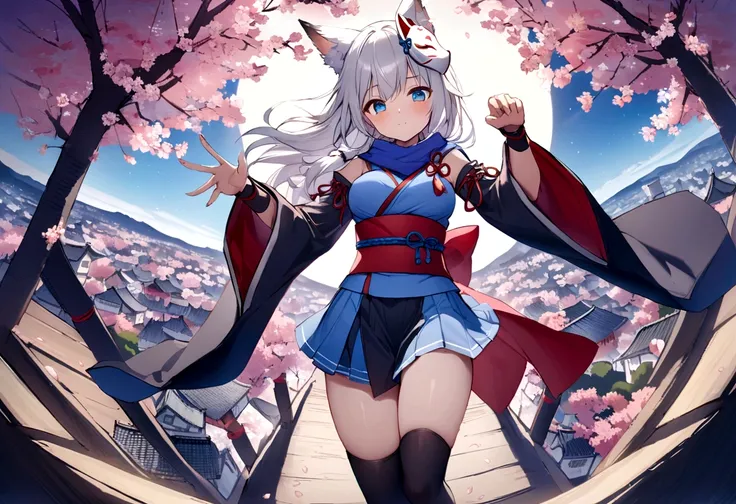 On top of the castle、Looking down from the castle tower、White Gauntlet、insert、Asahi、A magnificent view of the city from the treetops、(masterpiece, best quality:1.2), 1girl, 独奏,Wolf girl, fox mask, ninja, girl, long white hair, odd eyes, blue kimono, ninja ...