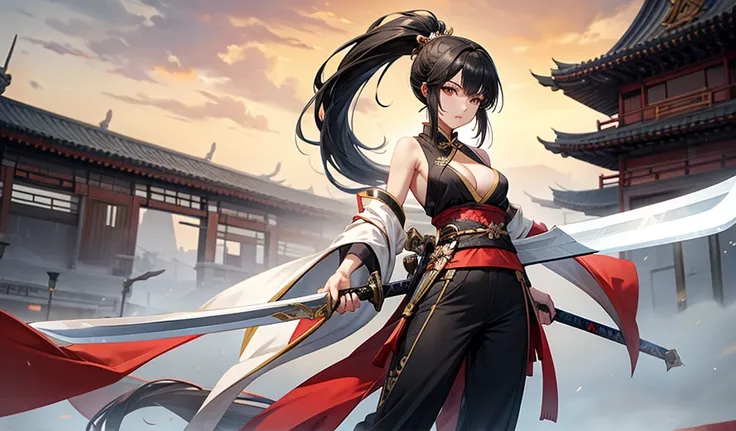 Beauty with black hair and long ponytail，Bare arms，Sleeveless kimono，cleavage，long pants，Long sword，Chinese cities