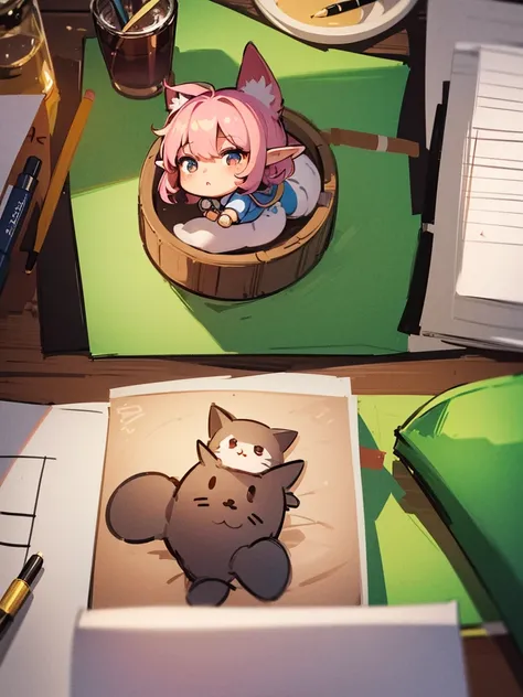 High resolution, 8K Ultra HD, ((one girl)), ((chibi style)), A small elf girl is holding drawing paper. On the drawing paper was a very detailed and accurate pencil drawing of a cat.