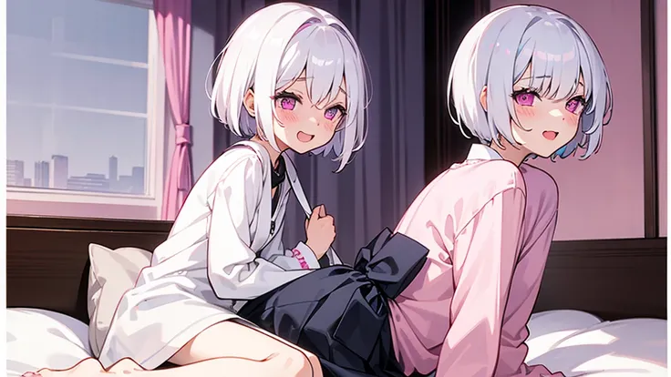 White Hair Girl、Pink Eyes、Short Hair、Only one girl、Night、In the bedroom、Blushing、laughing、Excited、Just One、Sitting on the bed