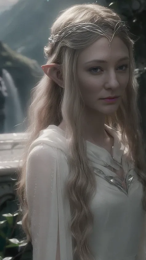 galadriel elf, white wavy very long hair, cinematic, with rivendale in the background, magical atmosphere, silver pollen, glow, ...