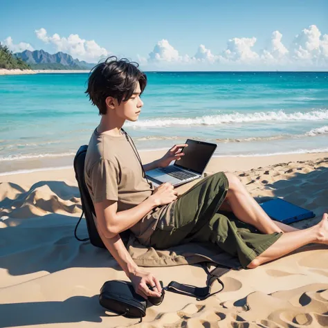 Nomad Worker　Have a smart laptop　YouTube Icon　An illustration　male　Beachside　