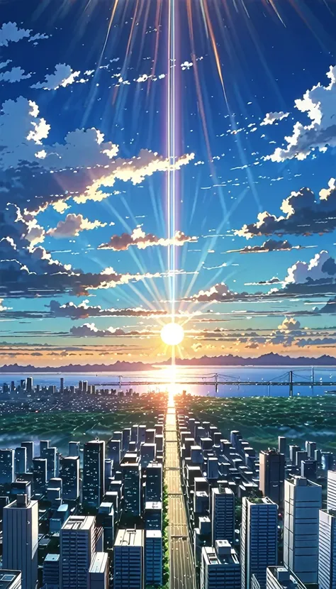 an iphone with an image of a city and the sun setting over it, watching the sun set. anime, anime. by makoto shinkai, hd anime cityscape, makoto shinkai. —h 2160, cosmic skies. by makoto shinkai, anime atmospheric, anime wallaper, by makoto shinkai, by Mak...