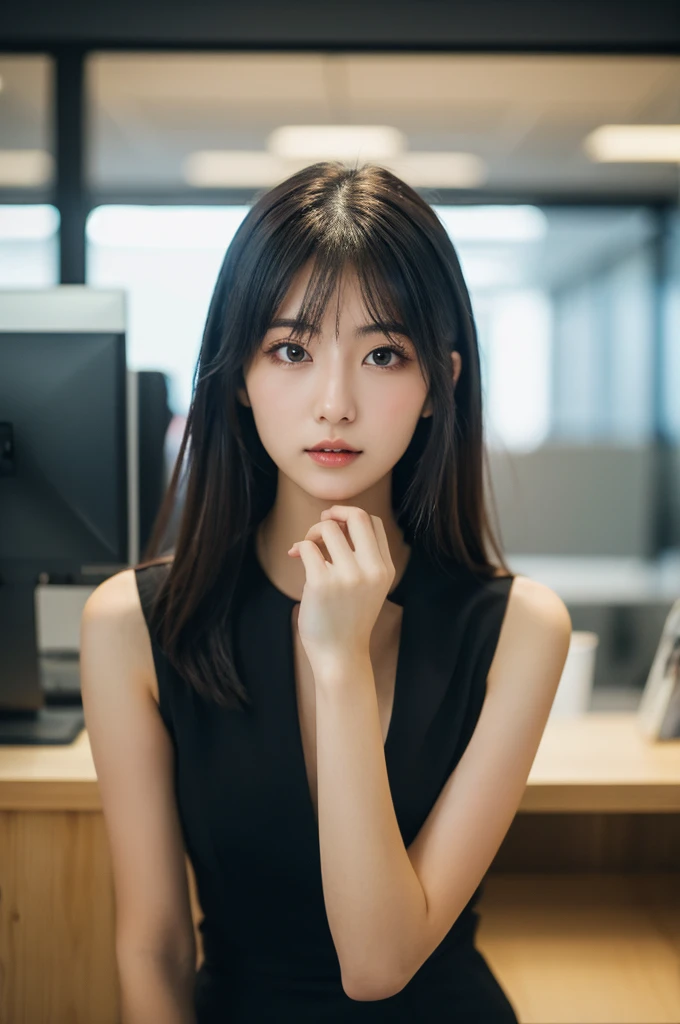 (best quality, 8K, 32k, masterpiece, Ultra HD: 1.2), 1 girl, Beautiful Japanese woman, Thinウエスト,Random , Delicate face, Black Hair, Long hair, Drooping eyes, Thin, revealing the whole body, Delicate fingertips, A woman, Solitary, Dark business attire,Offic...