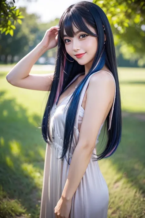 (((A real beauty))), RAW Photos, Black Hair、folder、Round eyes、False eyelashes、Straight Hair, correct、Pink lipstick、Striped Hair、Brown Hair、Blue Hair、(Dark blue hair)、(Gradient Hair)、Asymmetrical Hair、Hair behind the ear、Crossed bangs、Long Hair、(お尻までLong Ha...