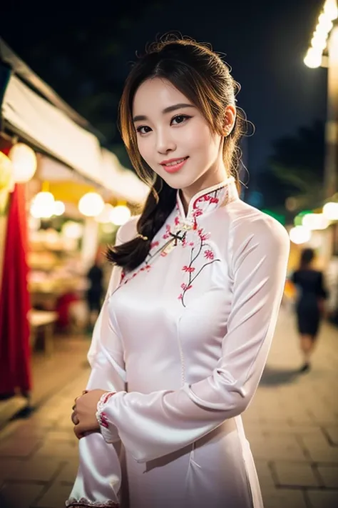 (a beautiful Chinese lady, age 18, Vietnamese traditional dress Ao Dai with silk sleeves, exploring the Hanoi night market, friendly expression, dimpled smile, cute snaggle-tooth, beautiful detailed face, beautiful detailed eyes, loose low ponytail, ample ...